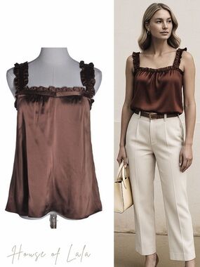 100% Silk Nanette Lenore Brown Ruffle Tank Top Size xsmall 0